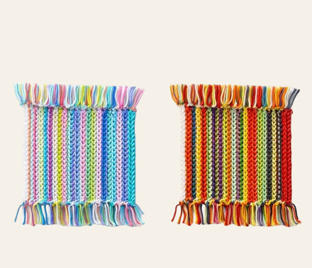 Top-down view of crochet coaster set in mismatched colors made from yarn scraps — eco-friendly crochet decor
