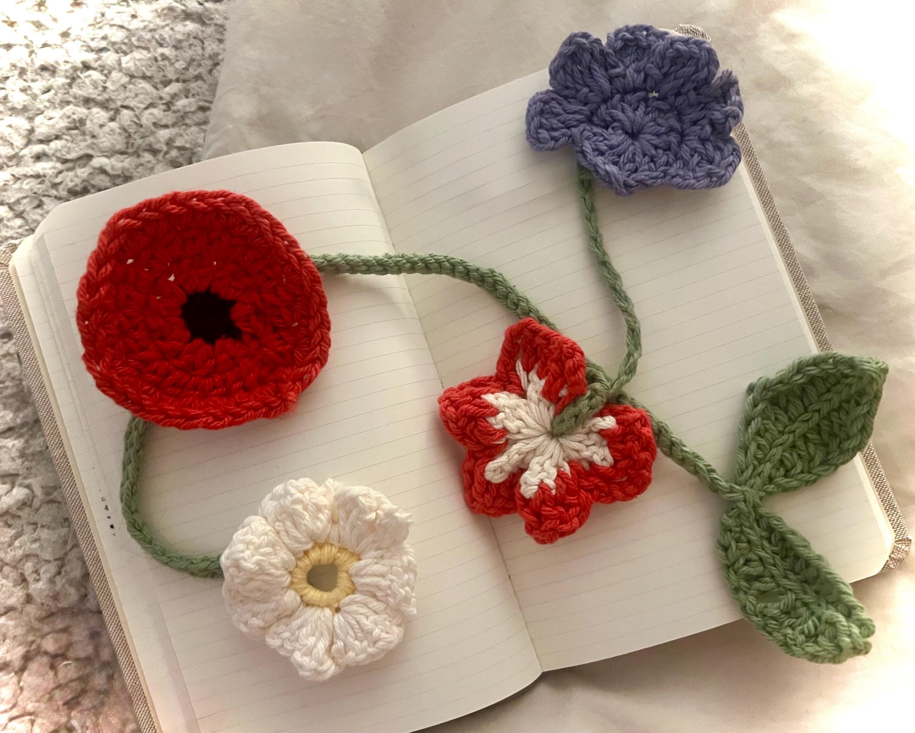 Periwinkle crochet bookmark with separately worked leaf — beginner-friendly floral bookmark pattern preview