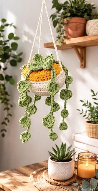 Crochet hanging money plant styled on a shelf as a no-water houseplant alternative
