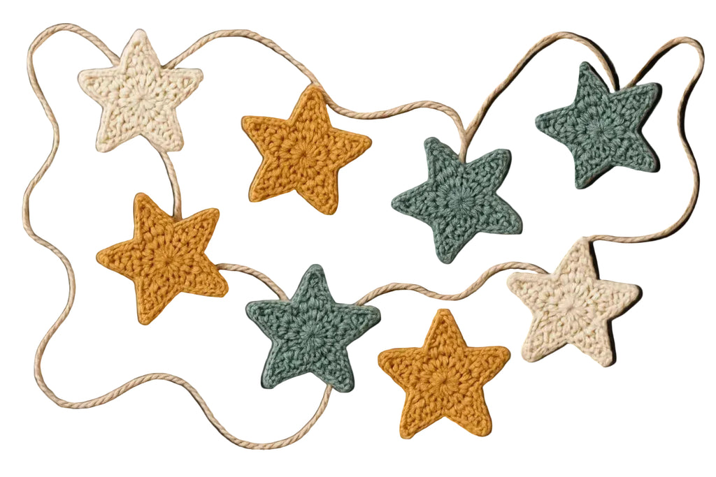 Crochet star garland pattern — handmade five-star garland strung along a mantel for nursery and holiday decor