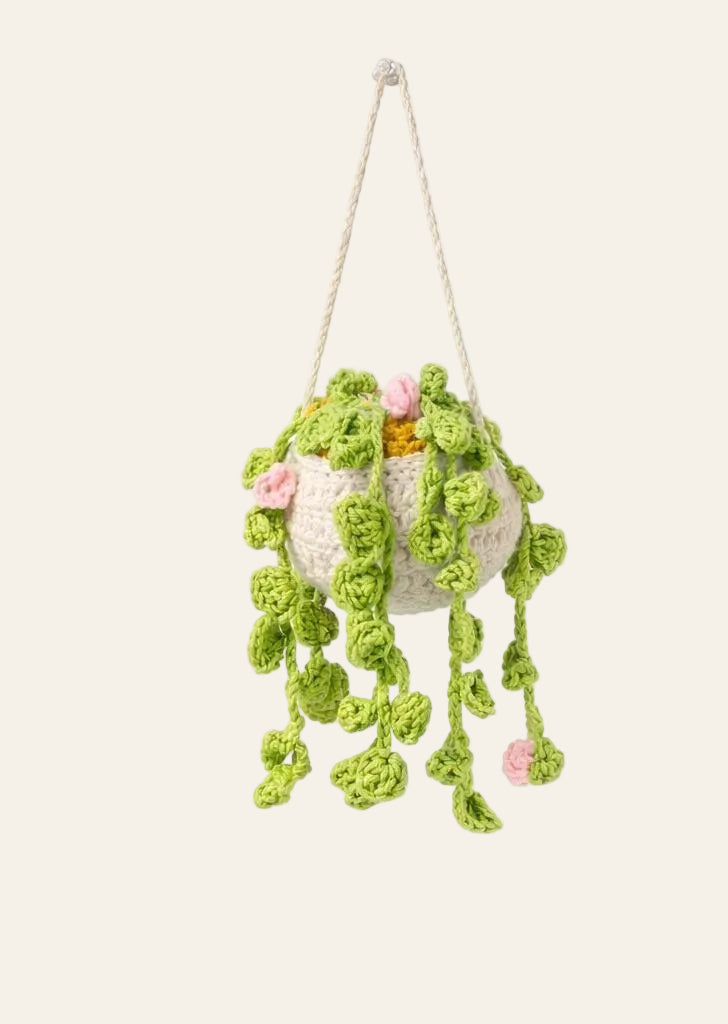 Close-up of crochet turtle-shell leaves showing the unique amigurumi succulent shape and color blending