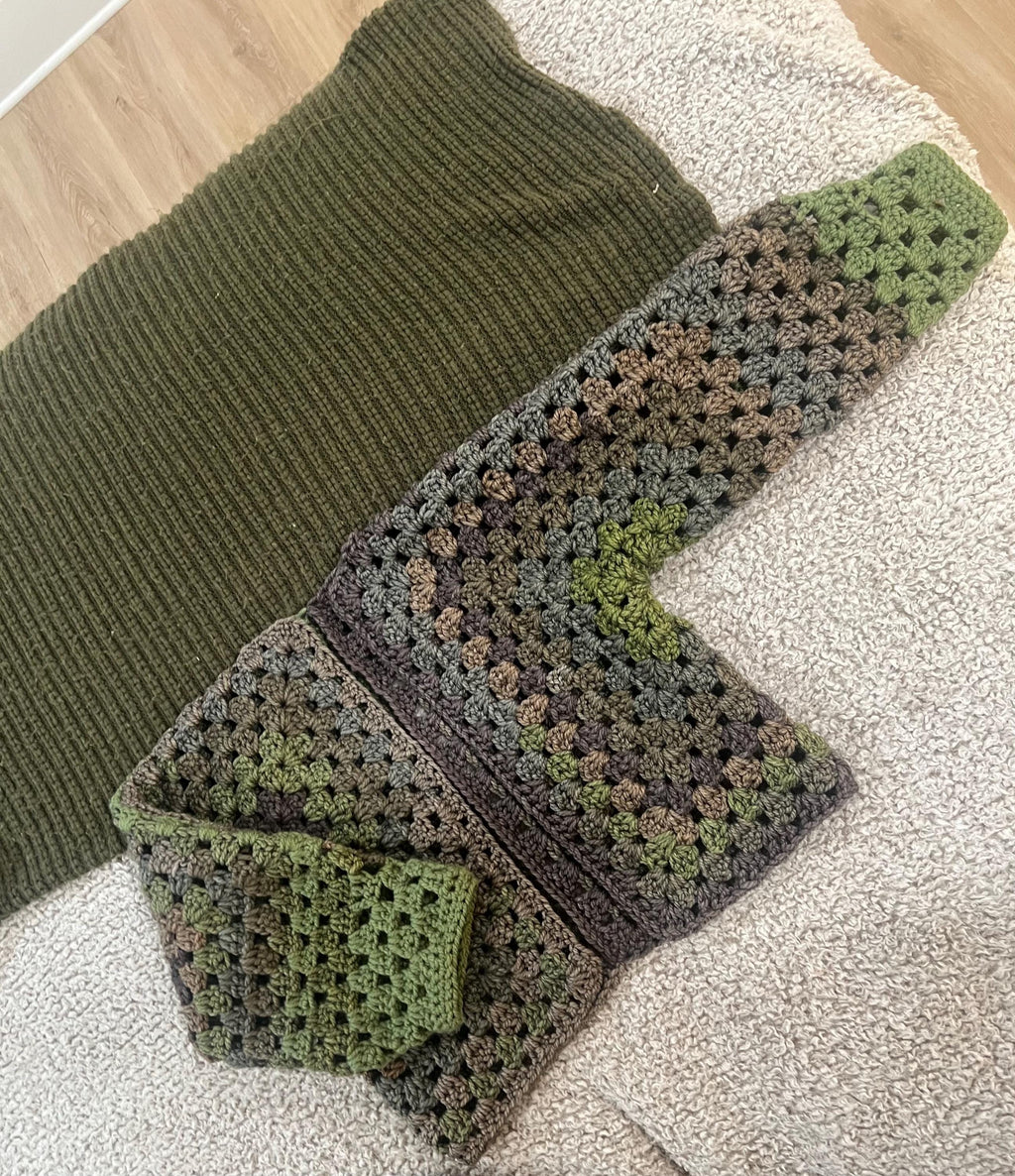 Close-up of the granny stitch texture on the easy beginner crochet cardigan in soft worsted yarn
