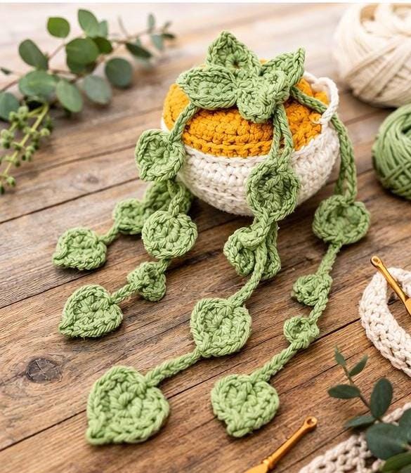 Crochet money plant in a macramé hanger draped over a windowsill for plant-lover home styling