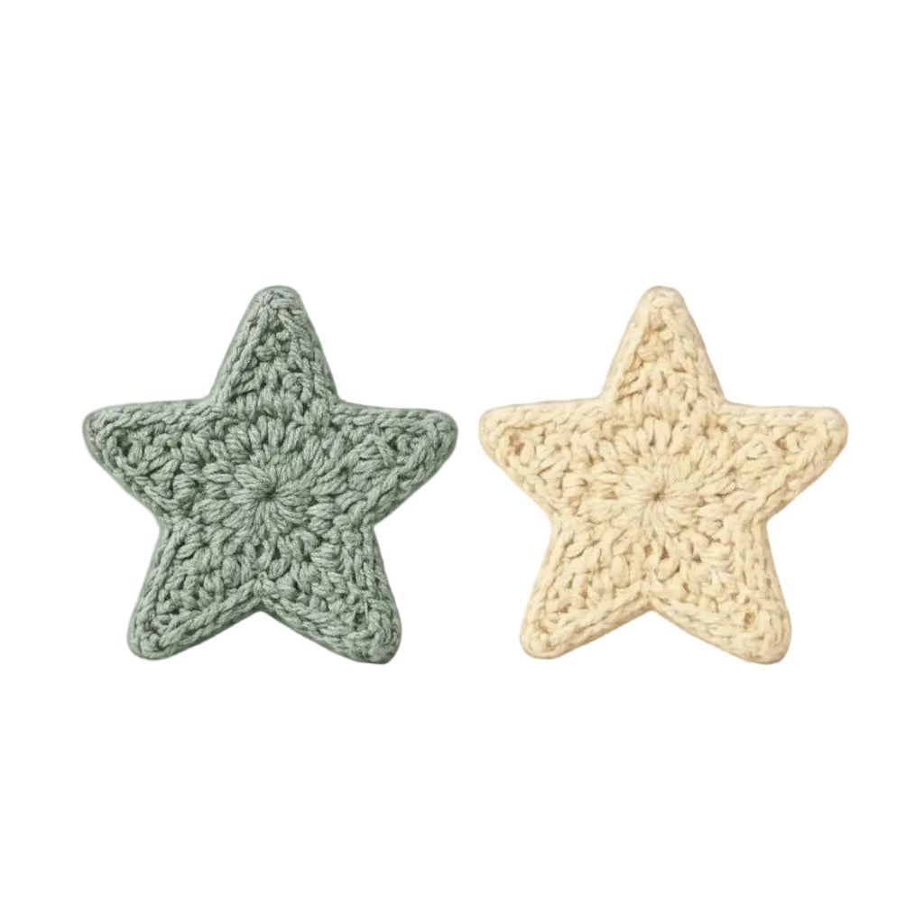 Crochet star garland styled across a wall showing three connection methods for customizable display