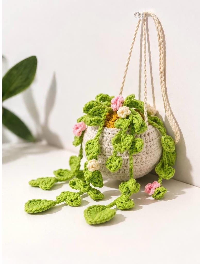 Crochet string of turtles plant styled on a shelf beside books for boho home decor