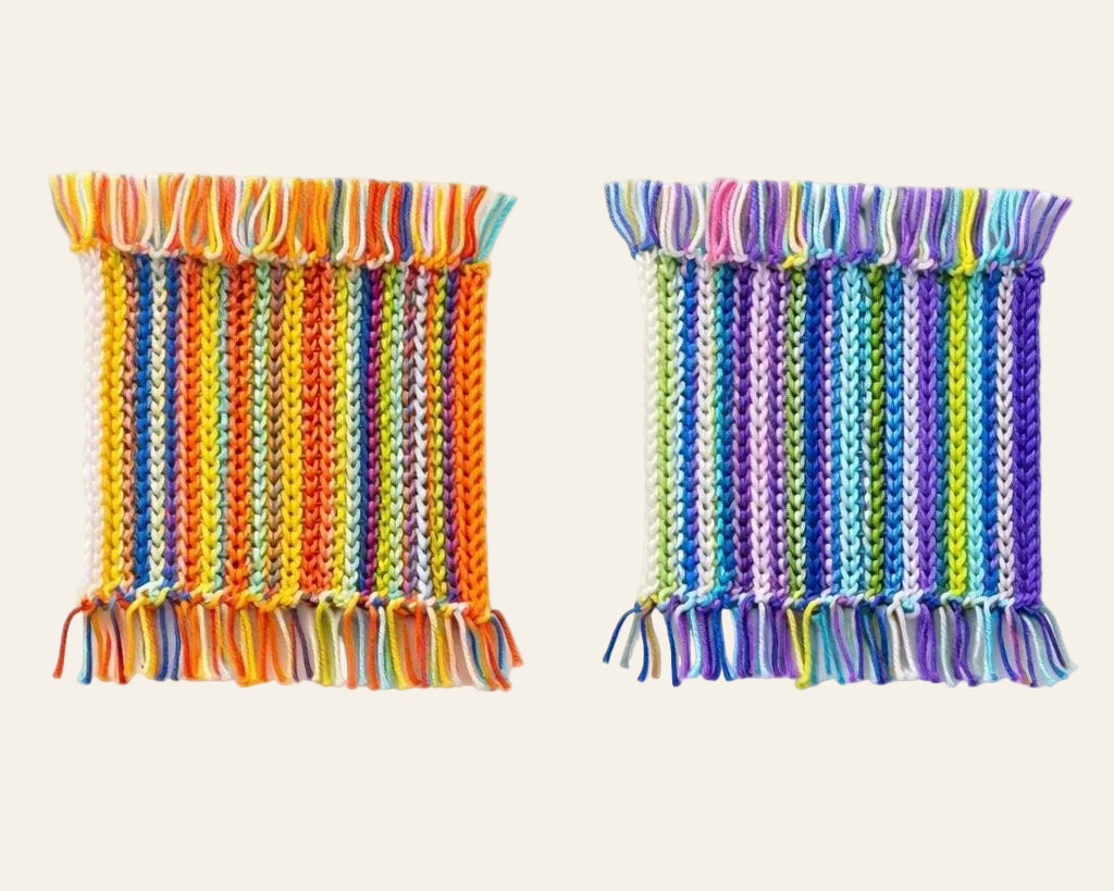Crochet scrap yarn coaster styled on a wood coffee table — quick stash-busting beginner crochet pattern