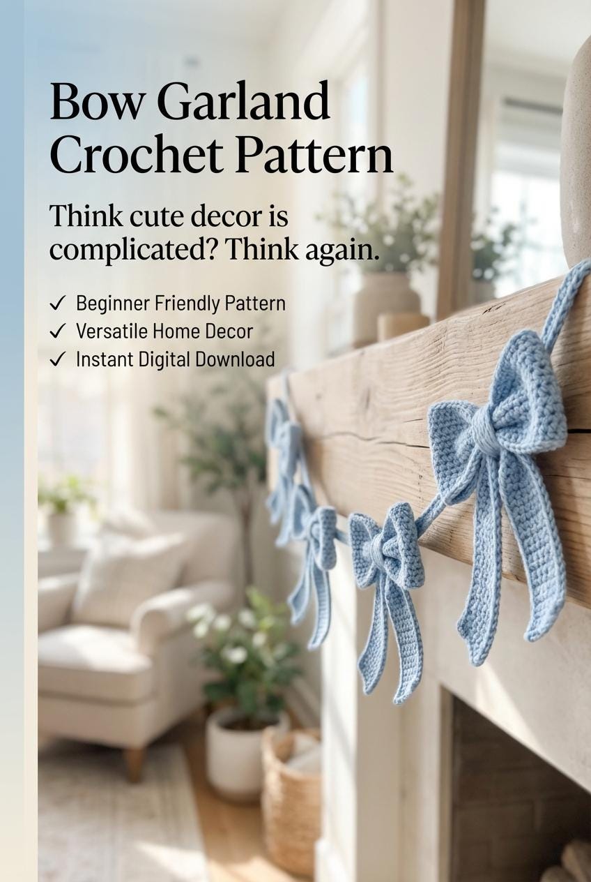 Close-up of a classic puffy crochet bow from the Hooks and Chains bow garland PDF pattern in soft pastel yarn