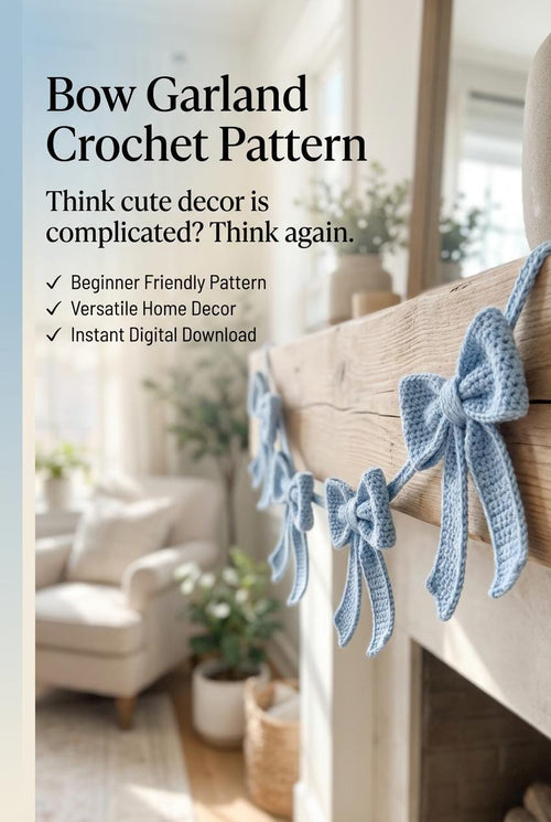 Close-up of a classic puffy crochet bow from the Hooks and Chains bow garland PDF pattern in soft pastel yarn