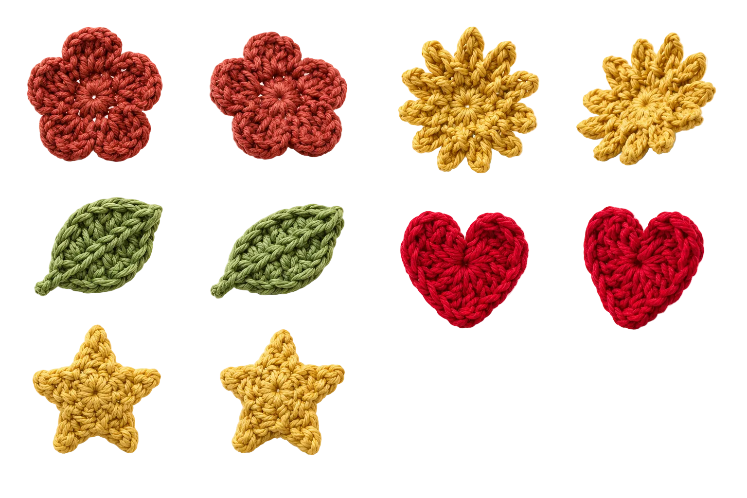 Mini Crochet Pattern Bundle — Sun, Star, Flower, Leaf & Heart Amigurumi Motifs | Digital PDF Download | Beginner Friendly Crochet Patterns